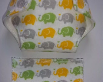 Baby Doll Diaper/wipe - yellow, green, taupe(grayish) elephants - adjustable for many dolls such as bitty baby