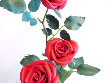 Red Leather roses - one Long Stem and 3 red roses- leather flower- Wedding- 3rd Anniversary Gift -Sexy Flower Valentines Day