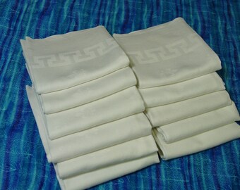 Vintage Set Dinner Napkins, 11 Cotton Damask, Greek Key, Fleur d Lis, 20 x 22" Very Nice