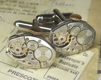 Steampunk Cuff Links Cufflinks - TORCH SOLDERED - Antique Silver Oval ELGIN Watch Movements w Original Crowns - Birthday Wedding Gift