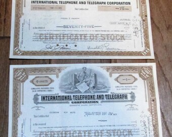 2 authentic Stock Certificates for International Telephone and Telegraph, 1968 and 1976 ~ FREE SHIPPING