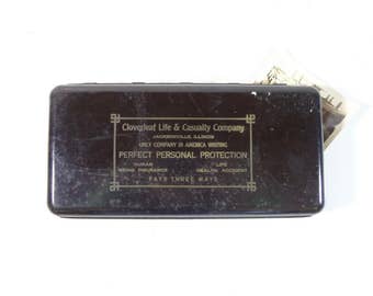 Vintage Metal Lock Box / Industrial Storage / Cloverleaf Insurance Advertising Metal Box