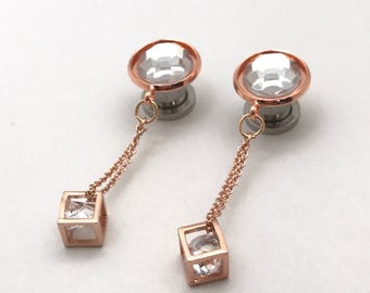 Boxed Crystal Dangle Plugs Rose Gold Ear Plugs 6g 4g 2g 0g 00g 000g Geometric Plugs 7/16" 11mm 10mm 8mm 6mm 5mm 4mm Gauge Dangling Ear Plugs