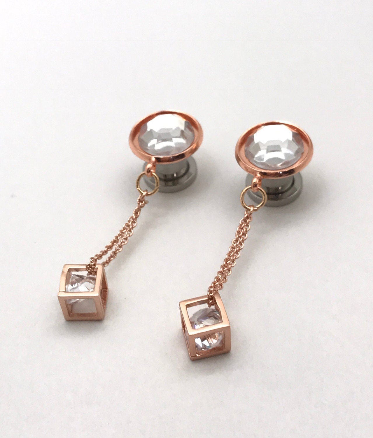Boxed Crystal Dangle Plugs Rose Gold Ear Plugs 6g 4g 2g 0g 00g