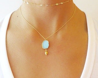 Aqua Druzy Gold Dangle Necklace - Druzy Necklace - Druzy Jewelry