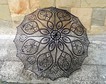 Black Crochet Umbrella, Victorian Parasol, Goth Umbrella, Steampunk Umbrella, Victorian Vintage, Wedding Accessories, Photo Session