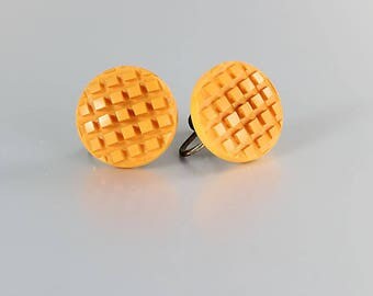 Carved Bakelite Earrings, Butterscotch Button Earrings, Geometric Lattice vintage mod jewelry