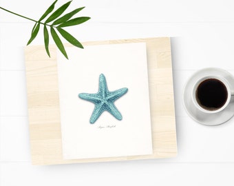 Coastal Decor Sea Shell - Sugar Sea Star Giclee Art Print 8x10 bright turquoise