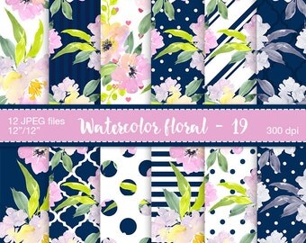 Floral digital paper - Digital scrapbook paper, Preppy girl paper, Watercolor flowers, Navy and Pink paper, Polka dot, Stripes paper, Floral