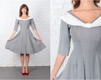 Vintage 50s Black White Gingham Plaid Dress Bow Suzy Perette A Line XS 9503