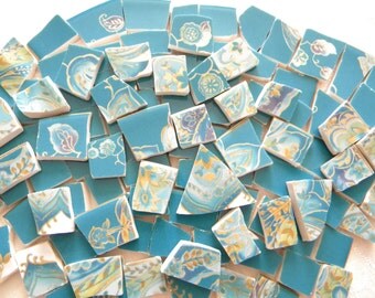 Broken China Mosaic TEAL and GOLD Tiles - 110 Tiles