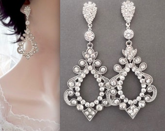 Long Crystal earrings, Large crystal chandelier earrings, Victorian style crystal earrings, Wedding earrings, Art Deco earrings ~ EXOTIC
