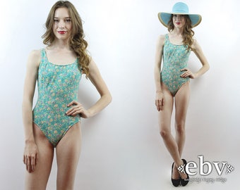 90s Swimsuit 1990s Swimsuit 90s Floral Swimsuit One Piece Swimsuit Green Floral Swimsuit Vintage Bathing Suit Green Swimsuit S M