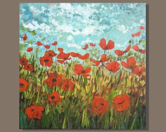 FREE SHIP semi abstract painting, orange poppies painting impressionist painting, flower painting, square painting, field landscape painting