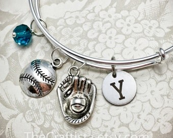 Personalized Softball Bangle w/ Birthstone & Initial, SBB, Softball Charm, Softball Bangle, Softball Bracelet, Glove Charm, Glove Bangle