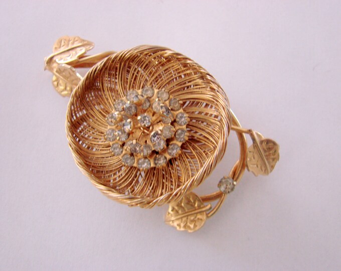 Large Vintage Rhinestone Goldtone Floral Brooch / Stemmed Rhinestones / Retro / Jewelry / Jewellery