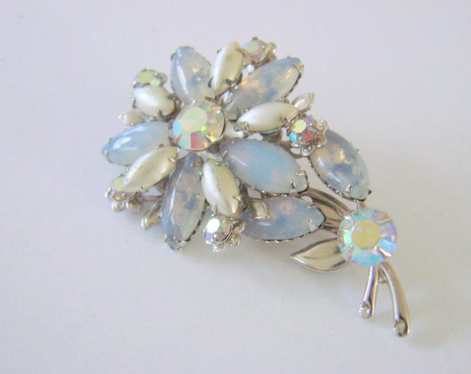 Vintage Blue Rhinestone Aurora Borealis Faux Opal Pearl Brooch Mid Century Jewelry Jewellery