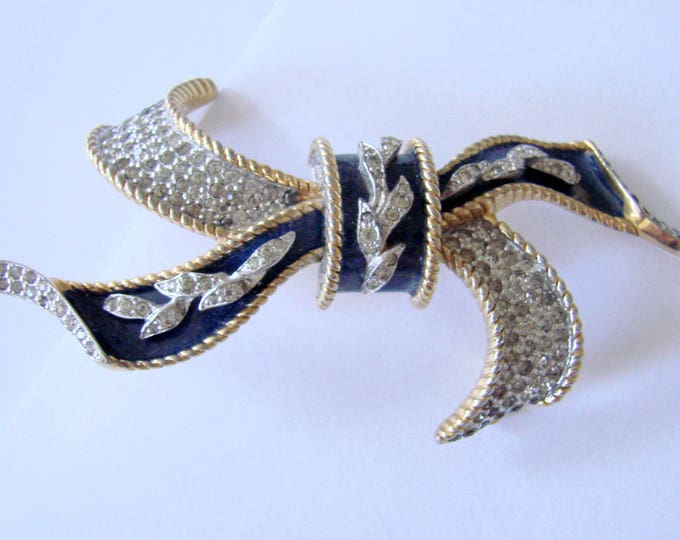 Large 1930s 1940s Rhinestone Navy Blue Enamel Ribbon Bow Brooch / Retro Vintage Jewelry / Jewellery