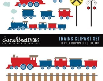Red and Navy Trains Clipart - Railroad Crossing Clipart - Railroad Clipart - Train Clipart - Clipart Set of 11