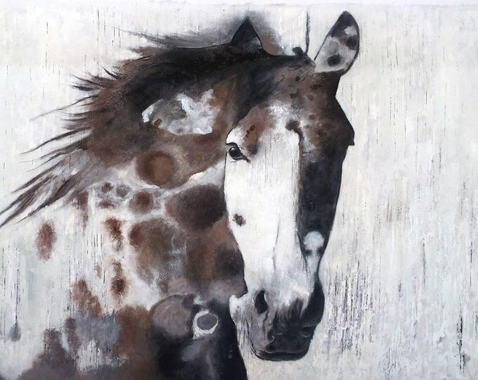 Brown Gorgeous Horse. Extra Large Brown Rustic Farm House Original Oil on Unstretched Canvas Horse Painting 48 x 72" by Irena Orlov