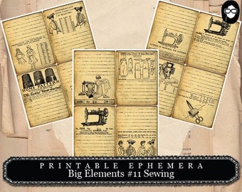 Sewing Art Print, Big Elements #11 Sewing Printable - 3 Page Instant Download - sewing room print, note cards, ephemera pack, journal card