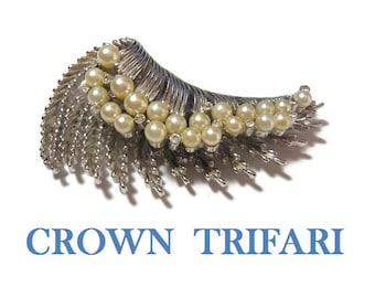 Crown Trifari brooch, 1950s early 60s large silver plated crested wave textured brooch, creamy faux pearls, small rhinestones ride the crest