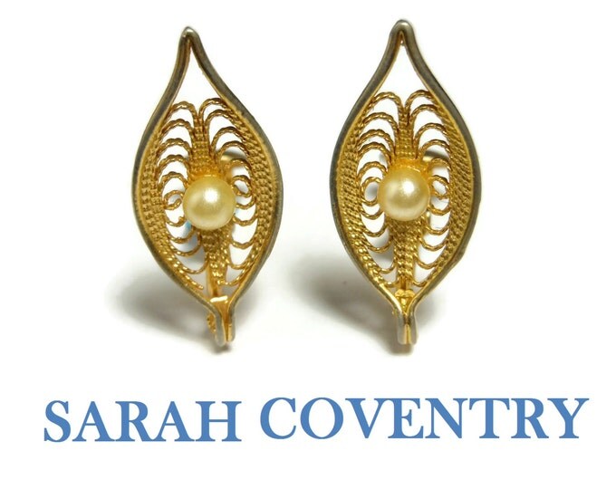FREE SHIPPING Sarah Coventry earrings, "Serene" 1969 clips, filigree leaf, faux pearl, gold plated