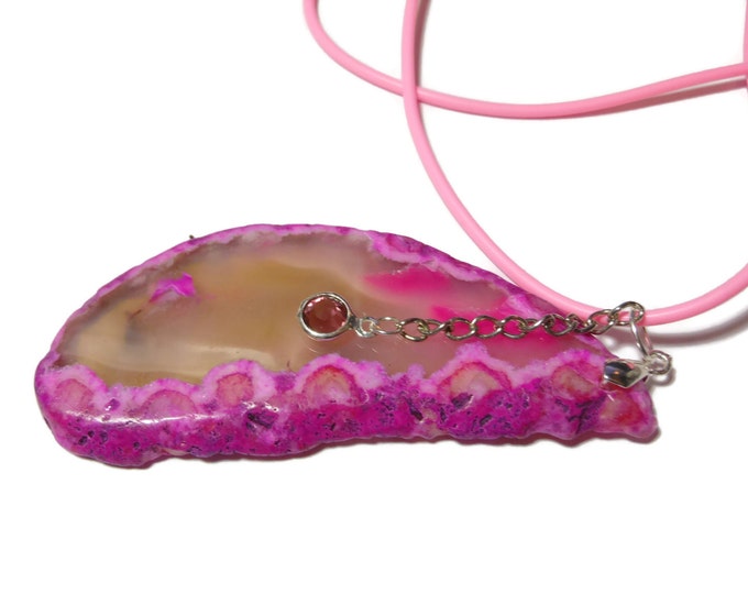 FREE SHIPPING Pink agate slice pendant, fuchsia agate slice, pink crystal dangle, pink cord, extender chain, gemstone necklace