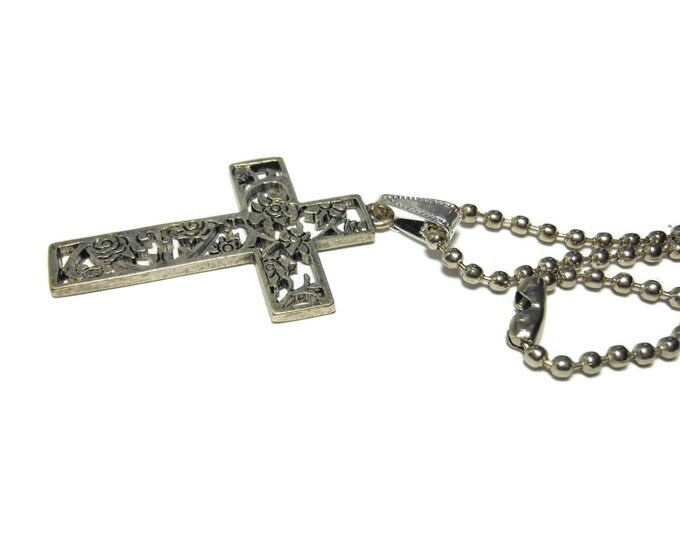 FREE SHIPPING Floral cross pendant, open work scroll heart, two available, share with loved one, industrial chic, silver ball chain