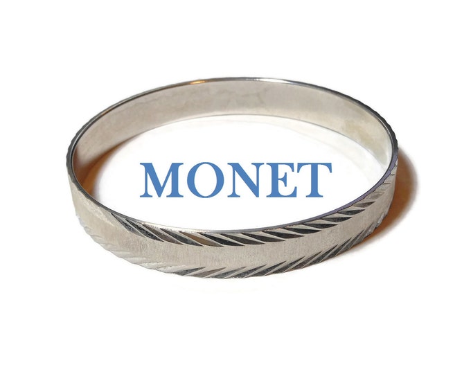Monet bracelet, brushed silver, etched border, bangle cuff, marked L large