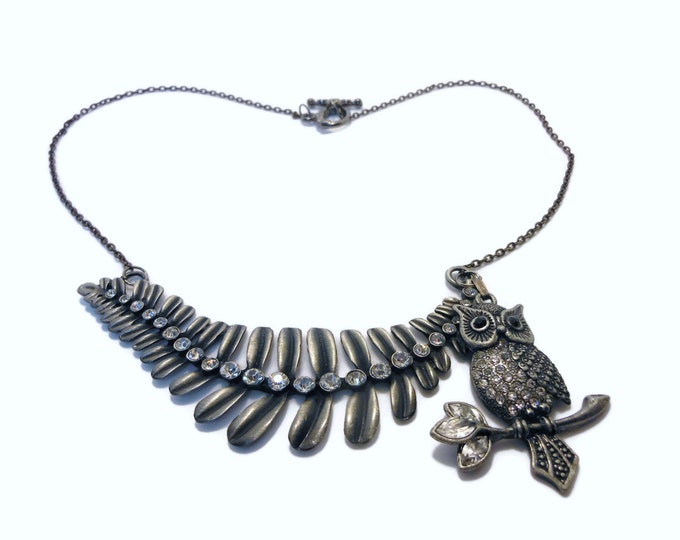 FREE SHIPPING Gunmetal owl and leaf necklace, two looks, rhinestone & gunmetal owl necklace, y or lariat necklace, pave rhinestones