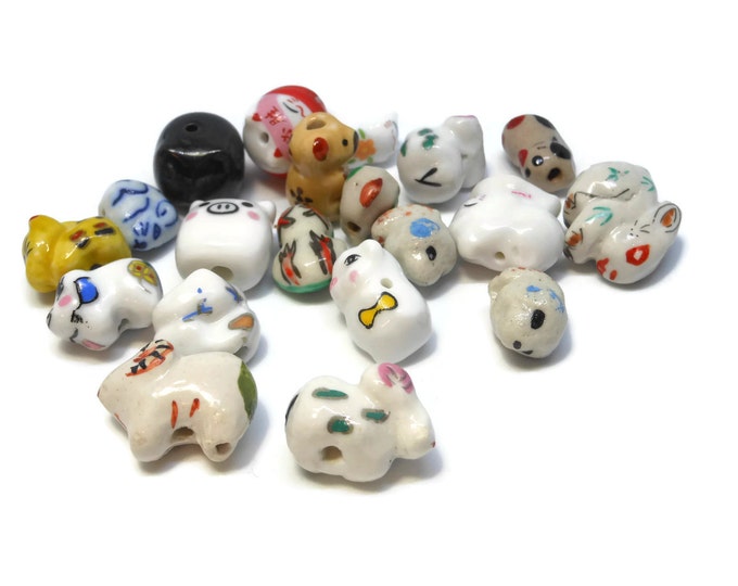 Porcelain animal beads, 20 piece lot, including dogs bear cats sheep pigs rabbits frog, ceramic small beads, animal Kawaii beads, farm beads