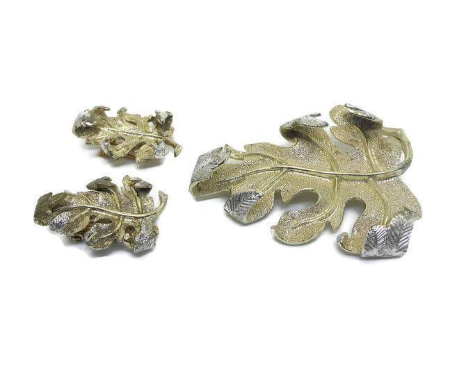 FREE SHIPPING Sarah Coventry brooch and earrings, 1960's "Windfall" line, gold tone with silver tips, turning leaf pin set, clip earrings