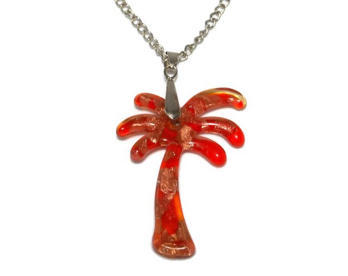 FREE SHIPPING Lampwork palm tree necklace, orange glitter pendant, silver plated, beach wedding, destination wedding cruise, reversible