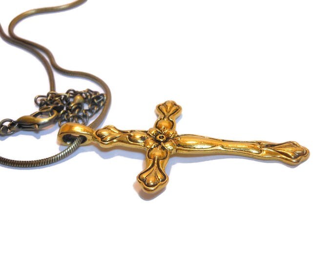 FREE SHIPPING Gold plated cross pendant, detailed antiqued floral cross with gold plated snake chain, large bail, unisex men's woman's