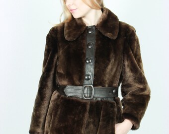 1970 coat, faux fur with leather detail, size medium, Us 8