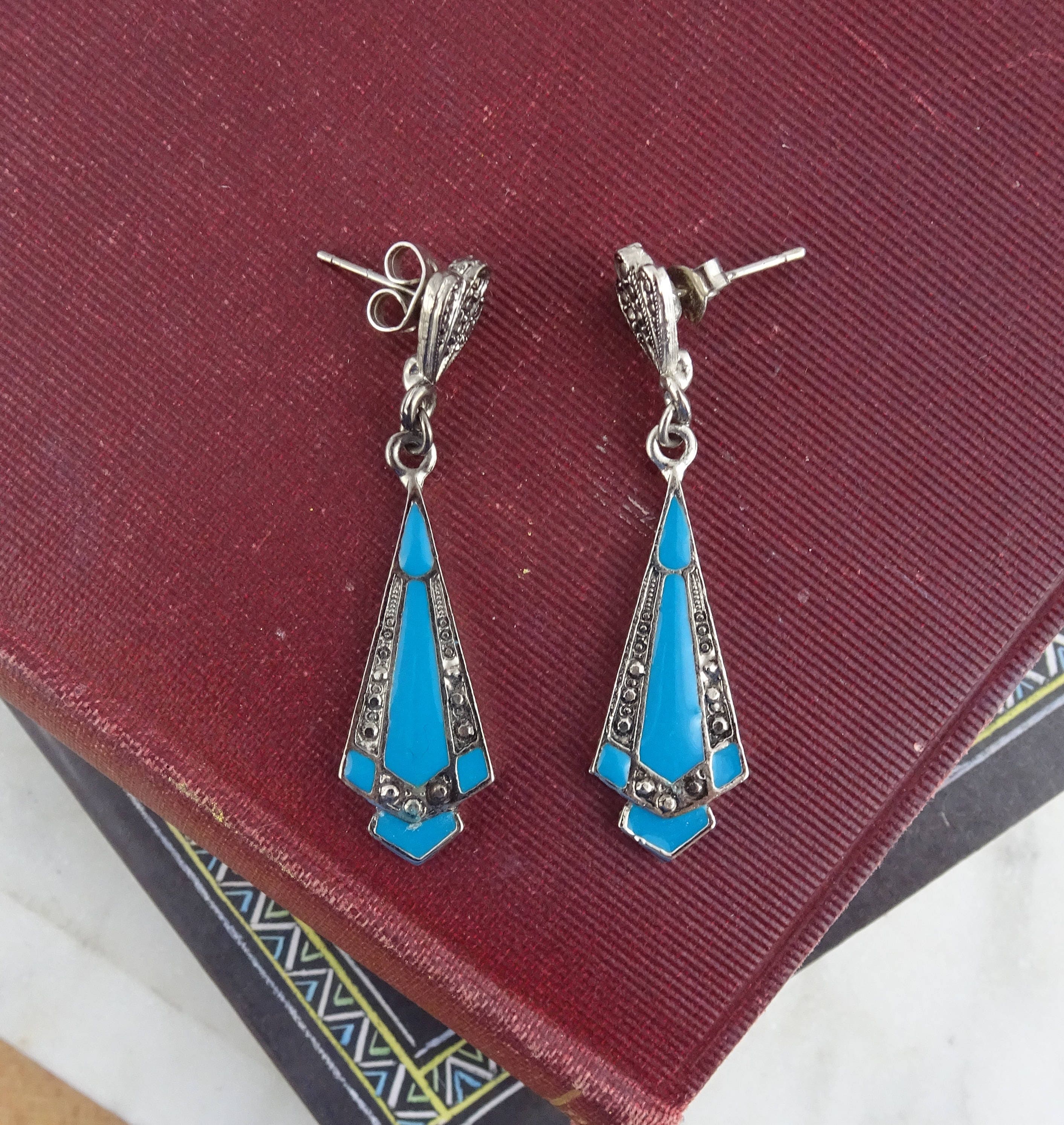 Vintage Blue Art Deco Triangle Earrings Blue Enamel & Faux