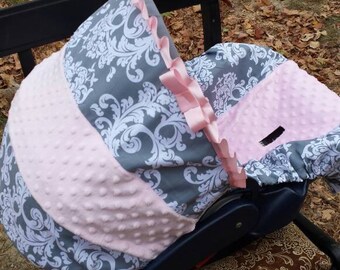 Grey damask light pink blush minky baby car seat cover infant seat cover slip cover Graco fit or evenflo universal fit