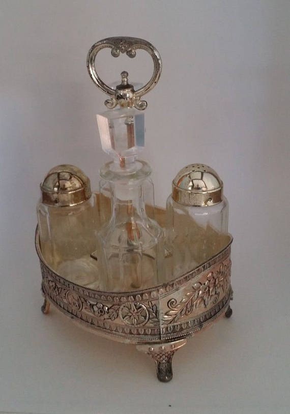 Vintage Silver Plate Condiment Caddy 2 Glass Cruets with