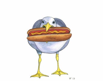 Seagull Art Print Whimsical Animal Art Watercolor Art Print Watercolor Bird Art Beach Decor Coastal Wall Art Kitchen Art Print Hot Dog Art