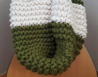 Oversized Bulky Infinity Knit Scarf/ Cowl in Forest Green and White