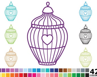 70% OFF SALE Rainbow Silhouette Bird Cages Clipart - Digital Vector Colorful Bird Cage Clip Art
