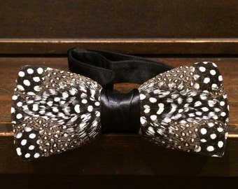 Classy Black And White Handmade Guinea Feather Bow tie