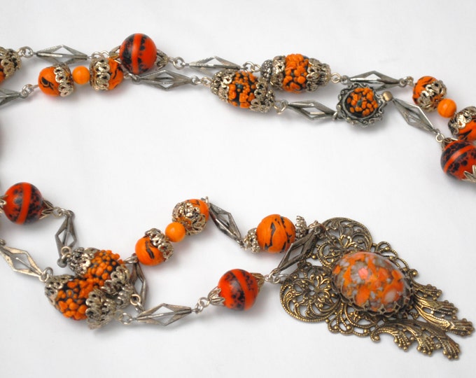 orange glass gold filigree Necklace -speckled orange black art glass - silver link - Mid century - glass bead