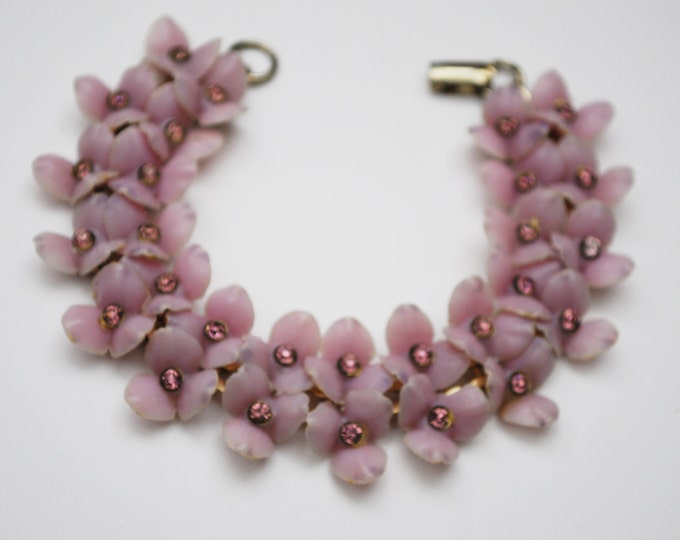 Purple flower Link Bracelet -Rhinestone - Lucite Plastic - Mid century