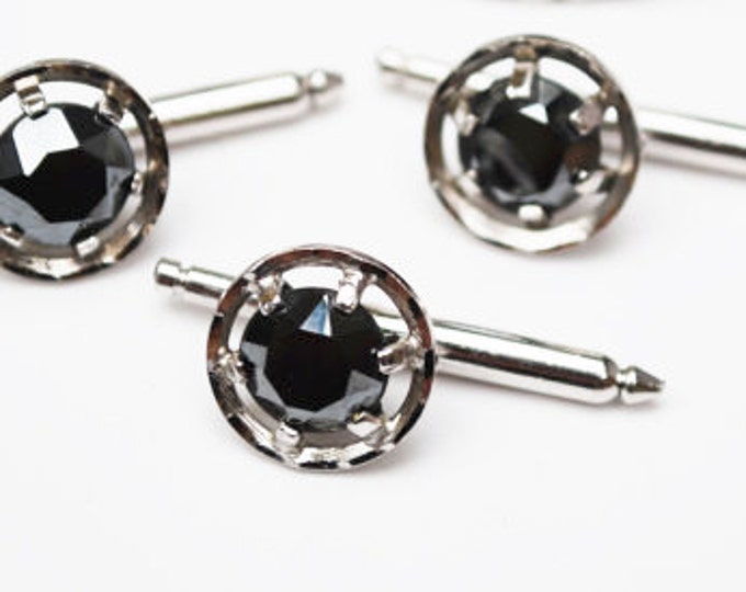 Sterling Hematite Cuff links - three Tuxedo Button Slide - Silver black - wedding groom