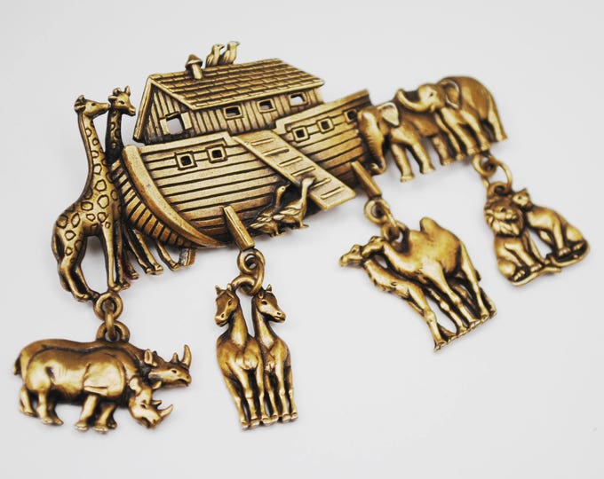 Noah Ark Dangle Brooch - Signed JJ - Brass - Animals figurine pin