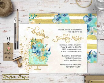 Oh Baby, Couture Cake Baby Shower Invitation. Gold Cake Topper, Blue, Gold, Teal Floral, Glam Baby Shower Invitation, Sparkle DIGITAL FILE