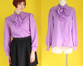 Vintage 70s Bow Blouse - Pastel Purple Blouse - Secretary Blouse - Tie Neck Blouse - Ruffle Blouse - Long Sleeve Blouse - Size Med / Large