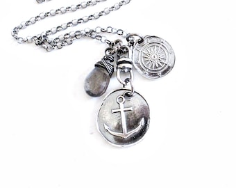 Compass and ANCHOR Wax Seal Necklace Rustic Nautical Jewelry Artisan Wax Seal Jewelry with Labradorite Gemstone Briolette
